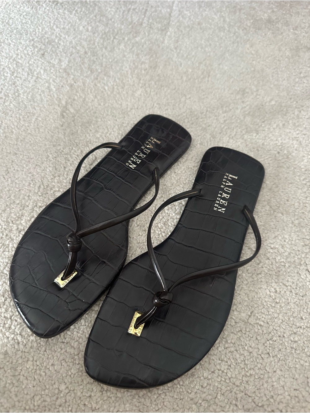 LAUREN Ralph Lauren Chocolate Brown Croc-Embossed Thong Sandals